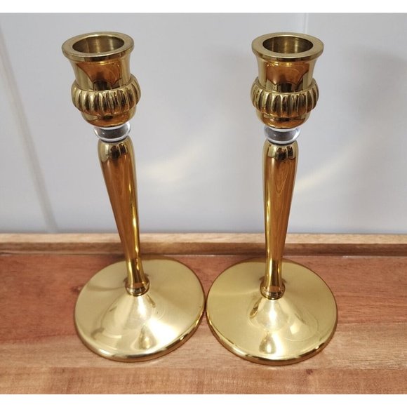 Set of 2 Partylite Gold Tone Brass Taper Candlestick Candleholders 7” - Picture 2 of 12